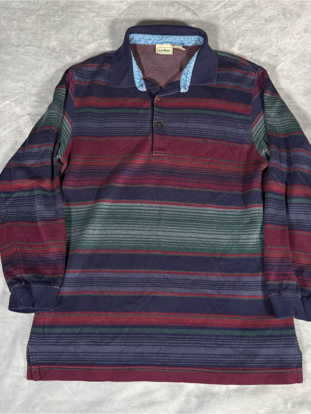 LL Bean Striped Long Sleeve Polo Shirt Mens Small Distressed Cotton Knit 90s